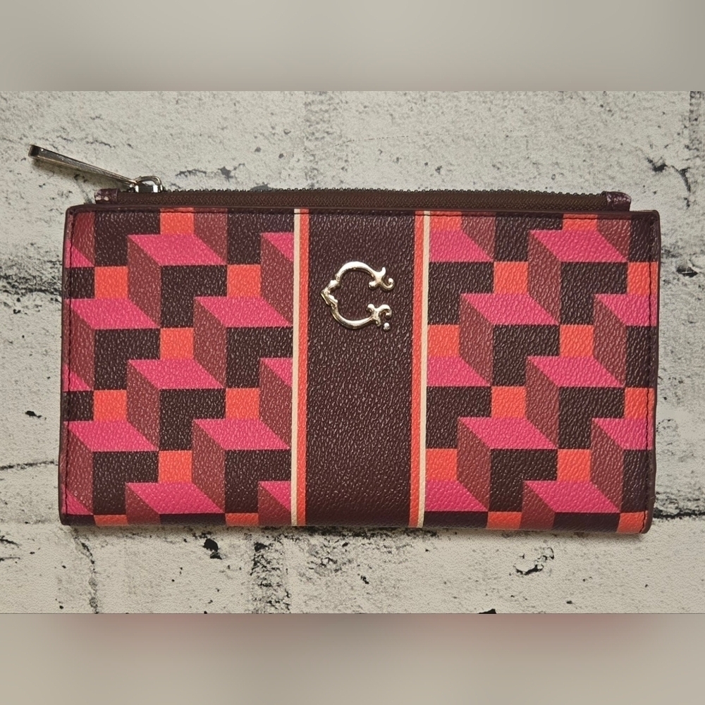 C Wonder Geometric Zip Around Wallet Pink Brown Clutch Organizer